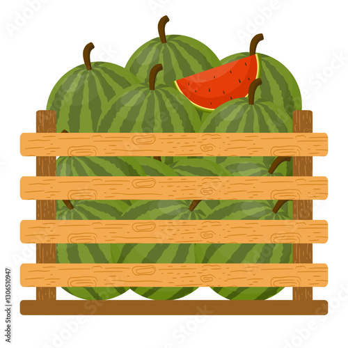 Fresh Fruits in Wooden Crates. Fresh Watermelons Illustration