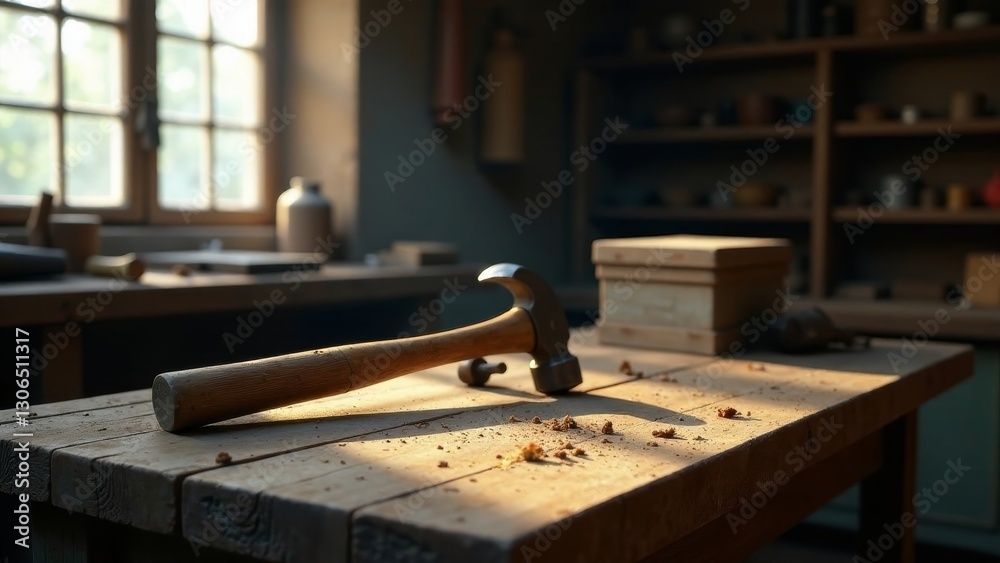 Sunlit Workshop A Carpenter's Claw Hammer Rests on a Dust-Covered Wooden Workbench Sunlit Workshop A Carpenter's Claw Hammer Rests on a Dust-Covered Wooden Workbench