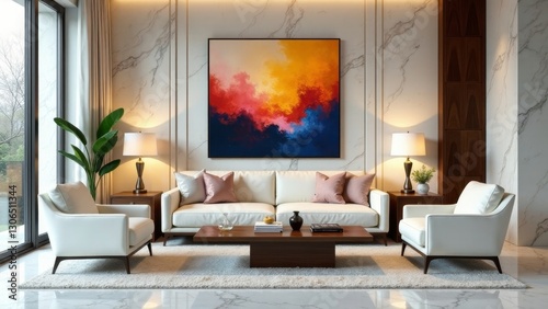 Modern living room interior design with white sofa  armchairs  and abstract artwork