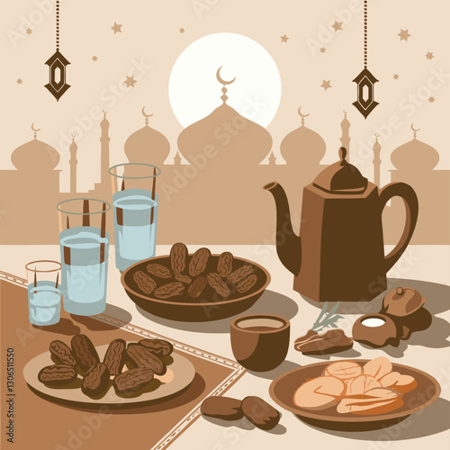 A serene iftar setting with dates, a teapot, and warm Ramadan hues against a mosque silhouette
