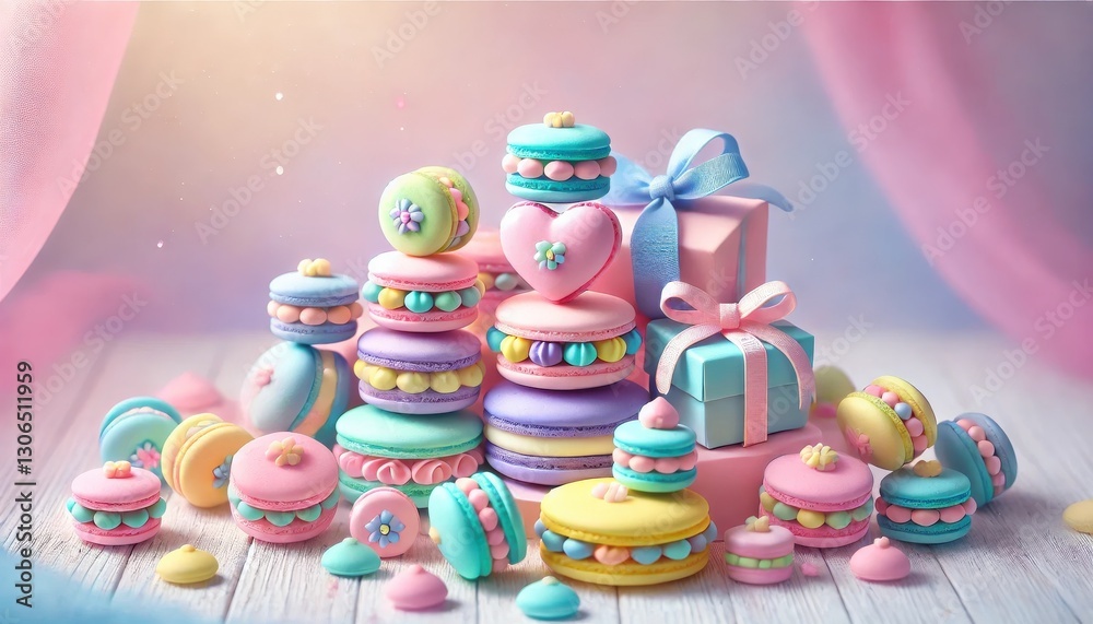 Fototapeta premium Pastel-colored macarons with intricate decorations and small gift boxes, arranged on a soft pink surface. Sweet and delicate dessert photography. 