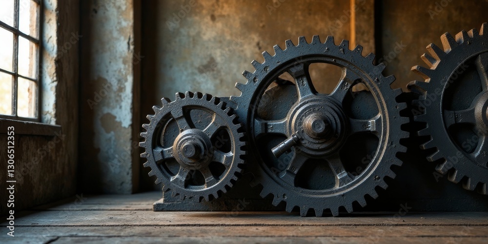 Interlocking Industrial Cogwheels in Rustic Setting, Displaying Intricate Detail and Aged Metal Texture Interlocking Industrial Cogwheels in Rustic Setting, Displaying Intricate Detail and Aged Metal Texture