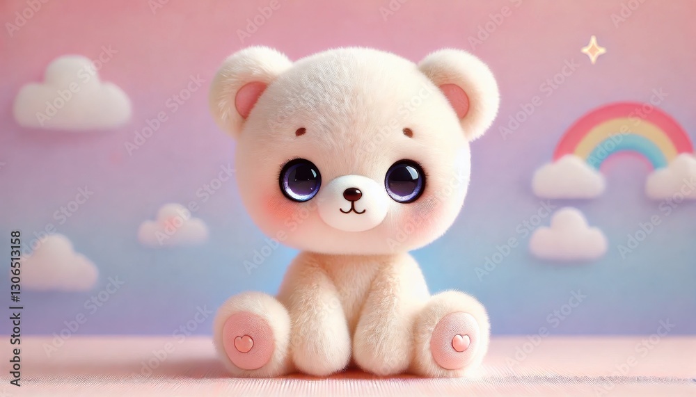 Fototapeta premium Adorable fluffy white teddy bear with big black eyes sitting in a pastel-colored dreamy background. Soft and cute plush toy illustration.