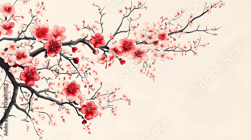Fototapeta Naklejka Na Ścianę i Meble -  pattern with cherry blossoms and peonies in soft pink and red hues on a light cream background high quality 