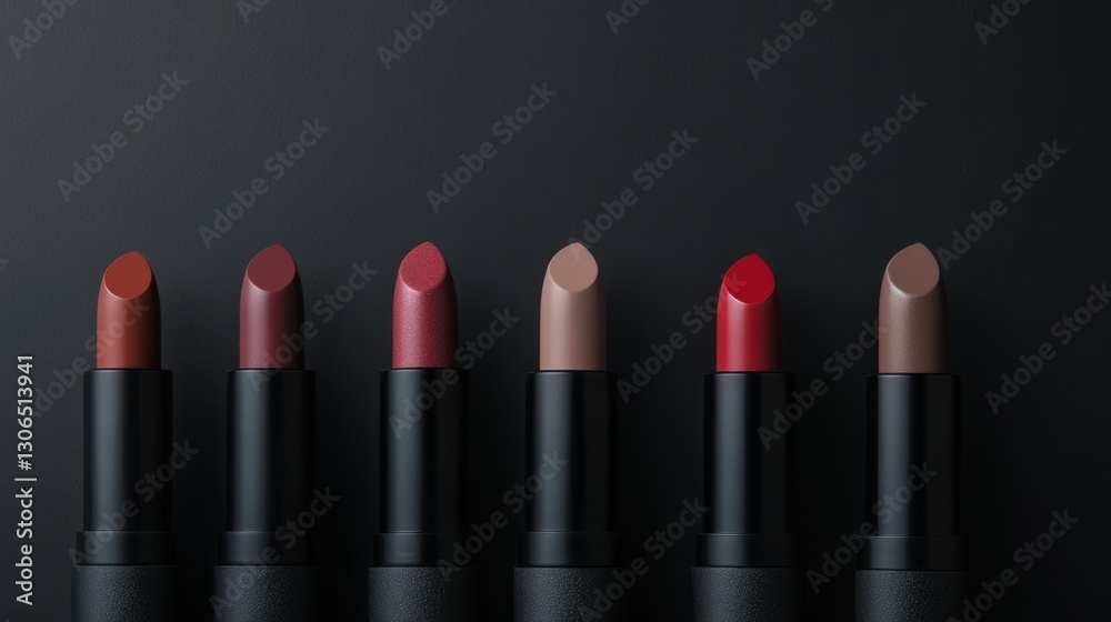 Obraz premium Aesthetic Arrangement of Lipstick Tubes in Various Shades on a Dark Surface, Ideal for Beauty Products and Makeup Promotions