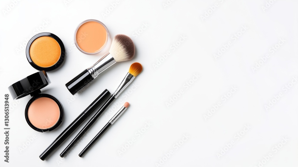 Collection of Makeup Products and Brushes Arranged Neatly on White Surface for Beauty and Cosmetic Photography