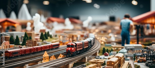 Miniature train set in a bustling model town with a person observing the scene