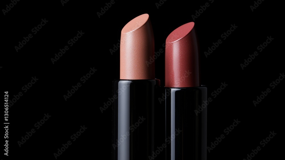 Obraz premium Close-up of two elegant lipstick tubes with vibrant colors against a dark background, perfect for beauty and cosmetic promotions and branding purposes
