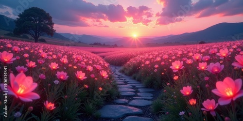 Serene Sunset Path Through a Field of Luminous Pink Blossoms