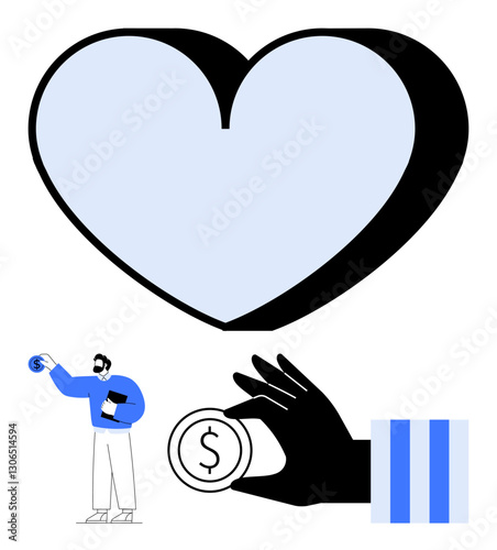 Large heart paired with a hand holding a coin and a person placing a donation. Ideal for charity, fundraising, philanthropy, altruism, kindness, nonprofit, financial support. Flat simple metaphor