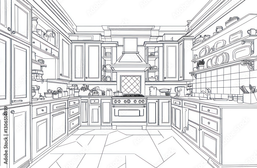 Fototapeta premium Detailed blueprint of a classic kitchen design, showcasing cabinets, appliances, and countertops.