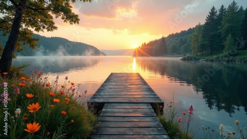 Serene sunrise over a tranquil lake, wooden dock extending towards the sun's golden rays, wildflowers blooming along the shoreline, a picturesque scene of natural beauty and peaceful solitude.