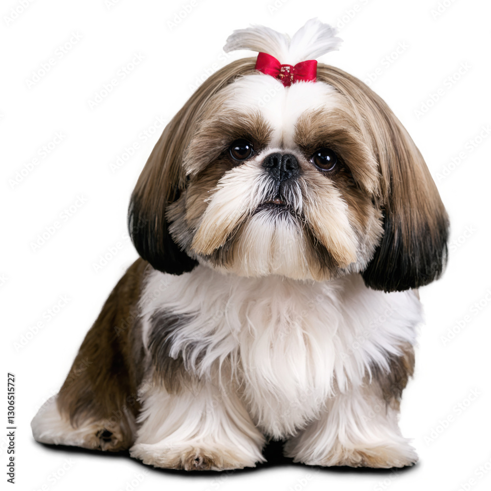 Small brown white dog sits. Dog has red bow. AI generated image is transparent png isolated. Small brown white dog sits. Dog has red bow. AI generated image is transparent png isolated.