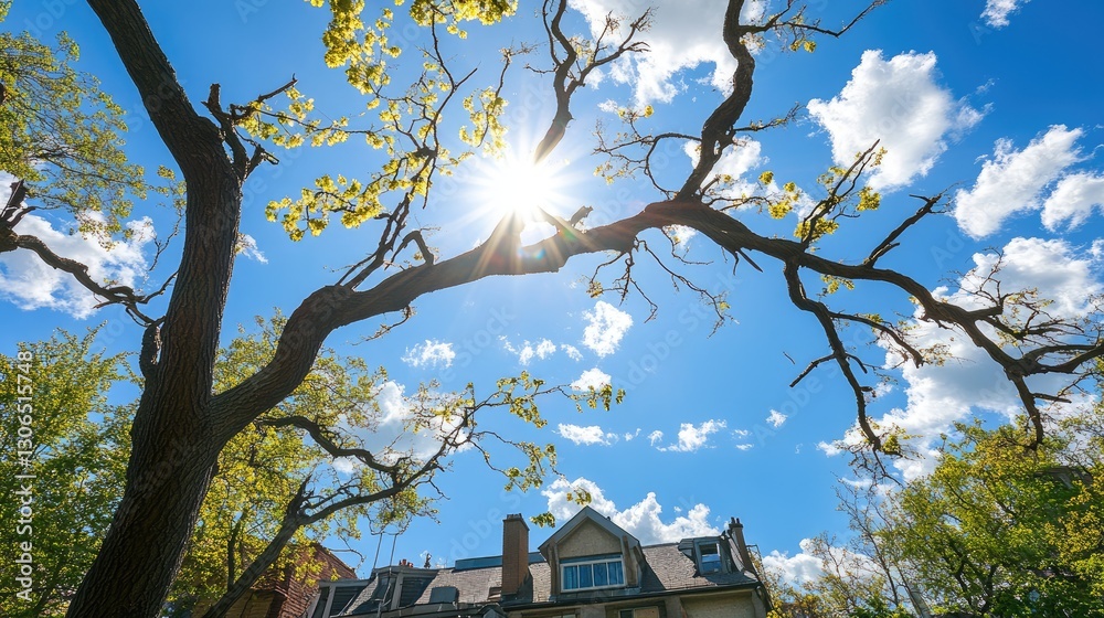 A cracked tree branch above a home, appearing ready to fall. A cracked tree branch above a home, appearing ready to fall.