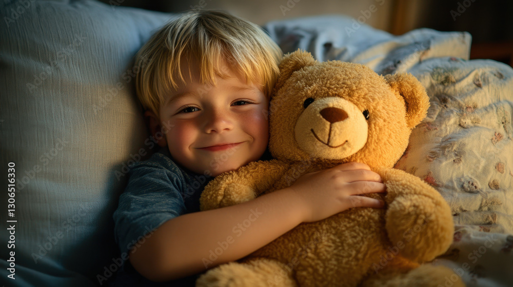 Little boy hugging teddy bear in cozy bedroom setting emotional portrait warm environment close-up view Little boy hugging teddy bear in cozy bedroom setting emotional portrait warm environment close-up view