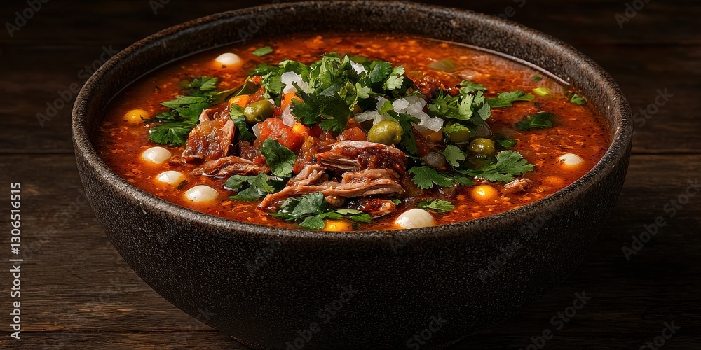 Delicious Pozole Soup with Chicken and Garnishes in Rustic Bowl on Dark Wooden Table Delicious Pozole Soup with Chicken and Garnishes in Rustic Bowl on Dark Wooden Table