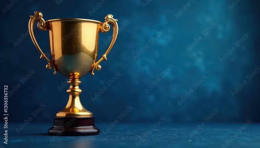 Gleaming gold trophy, blue backdrop Rich texture, elegant design , event, vibrant, sports