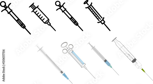 Syringe vector  Set - Medical Injection Needle, Disposable Syringe, Vaccination, Hypodermic Needle, Medicine, Healthcare, Hospital Equipment, Immunization, Pharmacy, Doctor, Treatment, Medical Tools