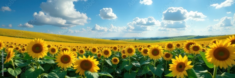 Fototapeta premium Rolling hills of sunflowers under a dramatic blue sky, sunny, bloom