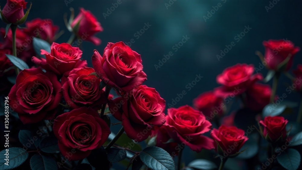 Obraz premium A lush bouquet of deep crimson roses, elegantly arranged, showcasing velvety petals and vibrant color, a stunning floral display