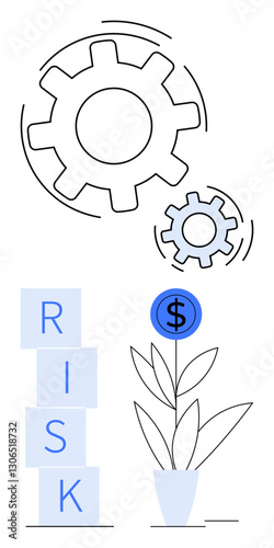 Gears in motion, RISK blocks, and a plant with a dollar symbol bloom. Ideal for business growth, risk assessment, innovation, finance, investment, strategy and abstract line flat metaphor