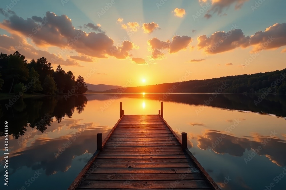 Obraz premium Golden sunset reflects on calm lake water, dock extends into view , peaceful, scene