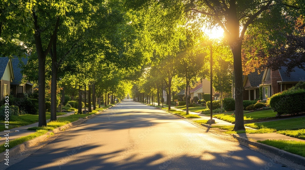A neighborhood with tree-lined streets, showing safe spacing between homes and trees. A neighborhood with tree-lined streets, showing safe spacing between homes and trees.