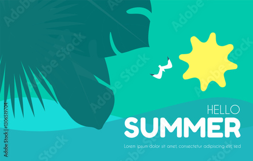 Hello, Summer! Tropical vacation design template. Minimal shapes