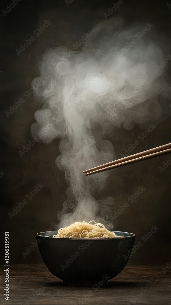 Steaming Noodles with Chopsticks in a Dark Bowl on a Rustic Wooden Surface Steaming Noodles with Chopsticks in a Dark Bowl on a Rustic Wooden Surface