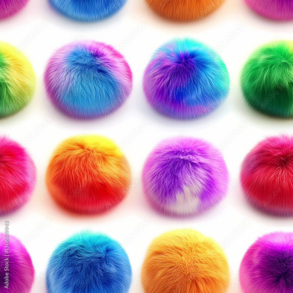 Fototapeta premium Colorful fluffy balls arranged in a vibrant pattern on white background Generative AI