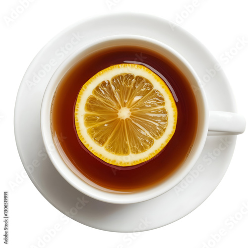 Hot Tea with Lemon Slice in White Cup Isolated Top View