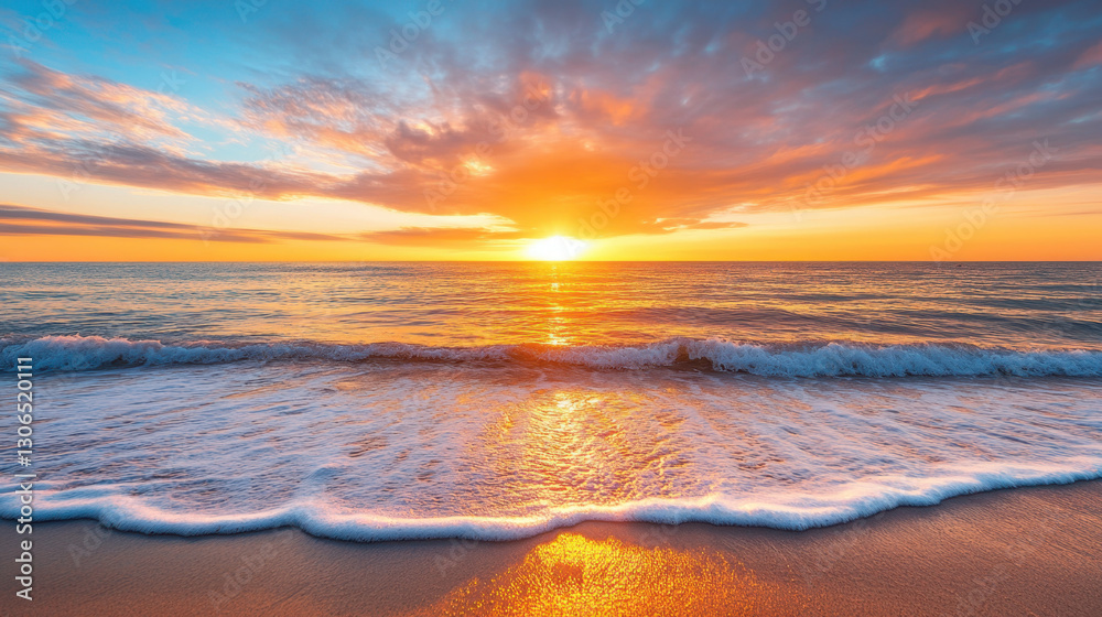 Fototapeta premium stunning beach sunset with vibrant colors reflecting on water, creating serene atmosphere. waves gently lap at shore, enhancing tranquil scene