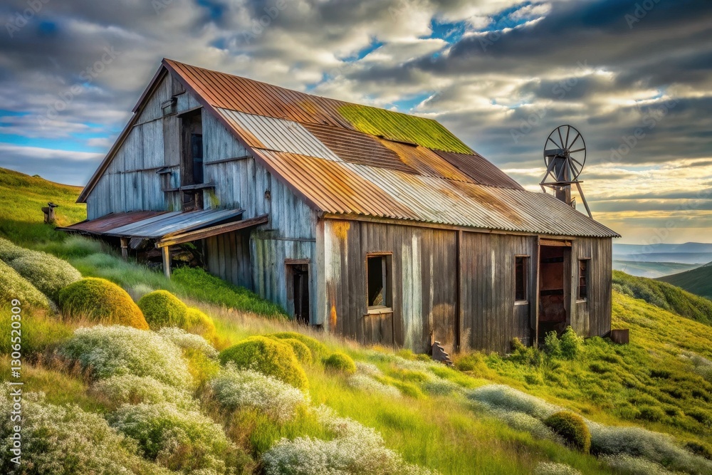 Rustic Weathered Barn on Rolling Hillside with Wildflowers and Old Mining Equipment Rustic Weathered Barn on Rolling Hillside with Wildflowers and Old Mining Equipment