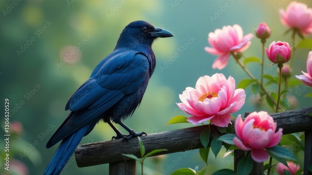 Obraz premium Dark-plumaged avian perched on rustic wooden fence amidst vibrant pink blossoms, bathed in soft sunlight