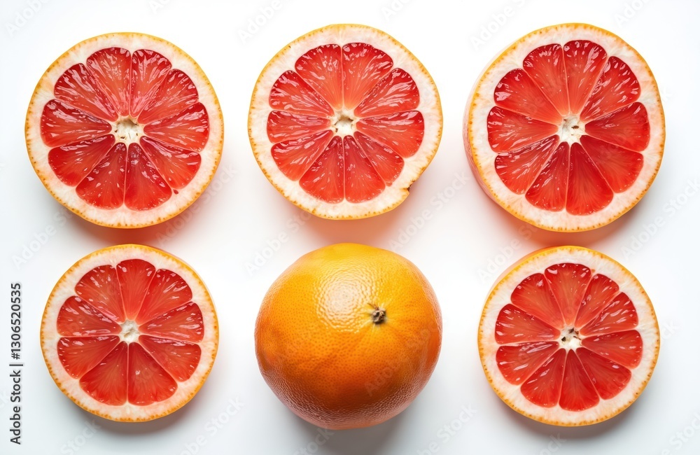 Grapefruit composition. Top view of citrus fruit halves and whole grapefruit isolated on white backdrop, full depth of field. Fresh red ripe juicy sour grapefruit parts. Grapefruit composition. Top view of citrus fruit halves and whole grapefruit isolated on white backdrop, full depth of field. Fresh red ripe juicy sour grapefruit parts.