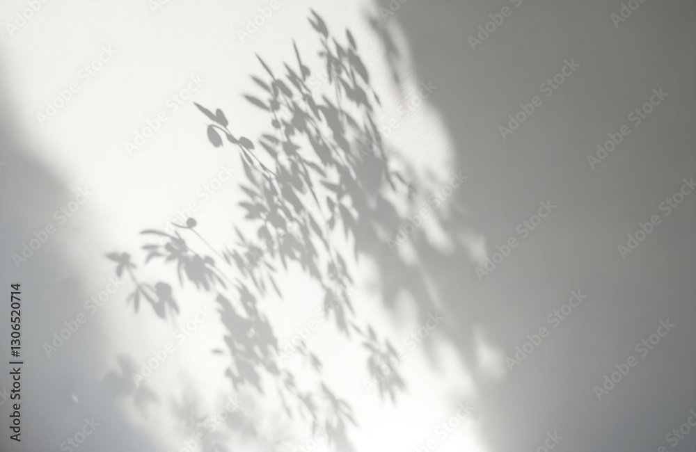 Fototapeta premium Delicate shadows of tree foliage on white wall in soft light. Abstract minimal design with natural sunlight create serene botanical atmosphere. Rich leaves silhouette overlay with diffused gradient