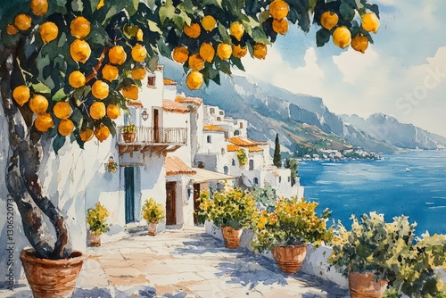 Wallpaper Mural Serene Coastal Village with Lemon Trees and Majestic Mountains in the Background Torontodigital.ca