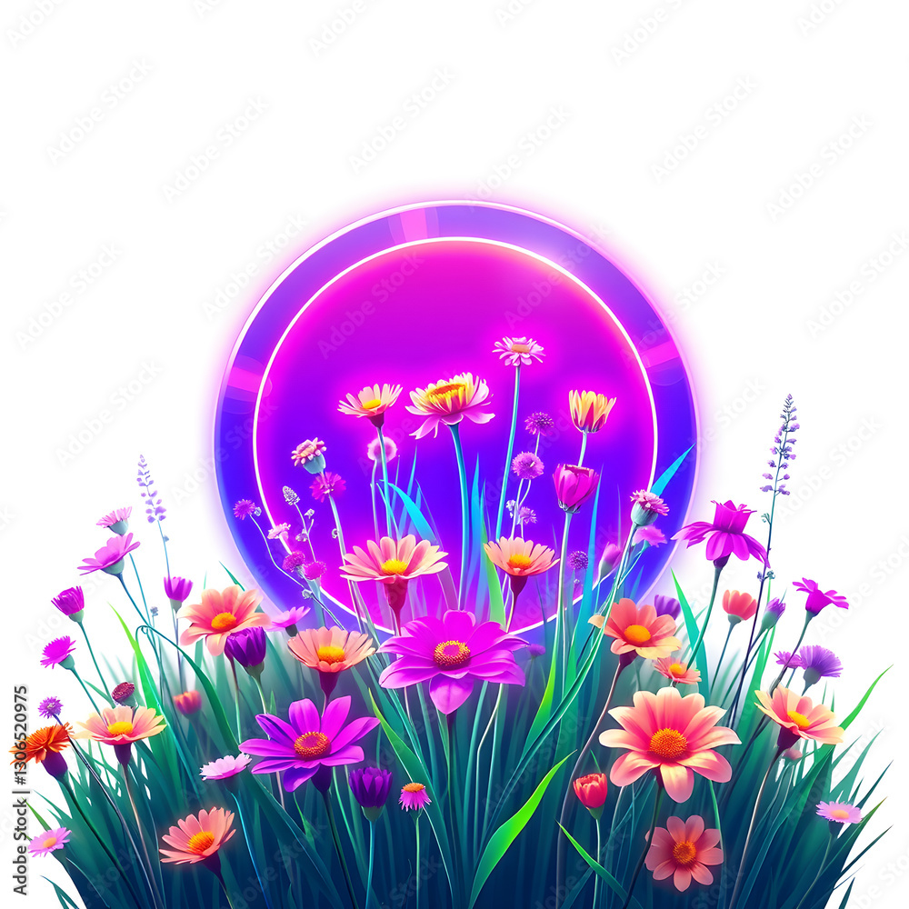 Fototapeta premium Wildflower meadow holographic 3D icon. neon symbol vector illustration isolated on white background. Generative AI