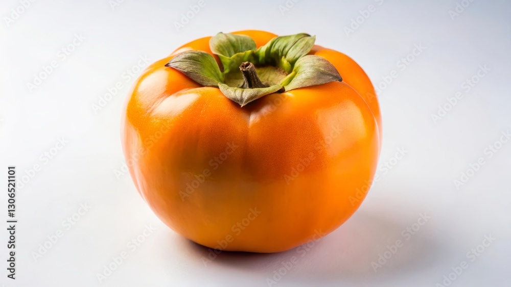 A single ripe persimmon fruit, vibrant orange hue, sits on a pristine white background, showcasing its smooth skin and delicate calyx. A single ripe persimmon fruit, vibrant orange hue, sits on a pristine white background, showcasing its smooth skin and delicate calyx.