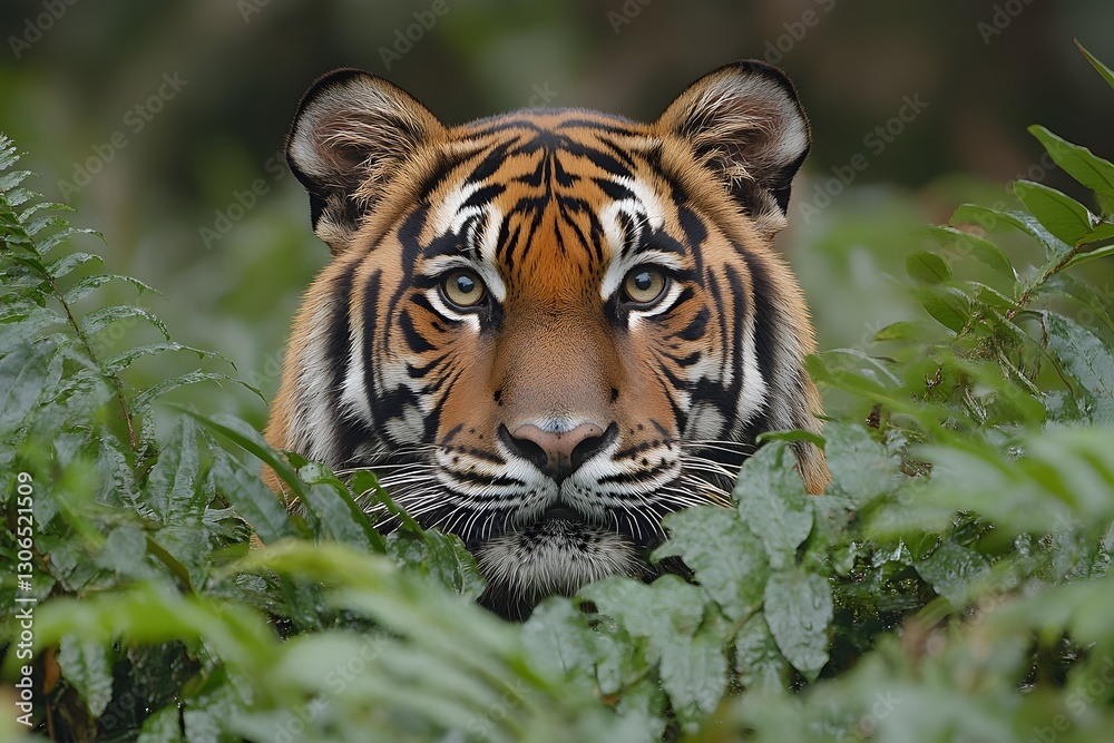 Fototapeta premium Majestic Tiger in Lush Jungle Setting - Nature and Wildlife Photography