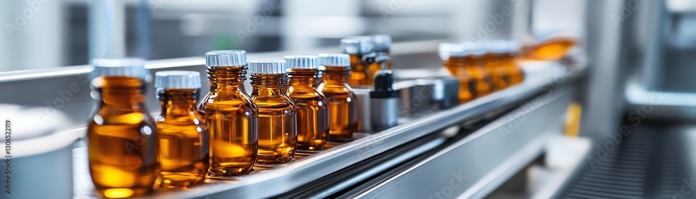Production line with amber glass bottles in a modern facility. Production line with amber glass bottles in a modern facility.
