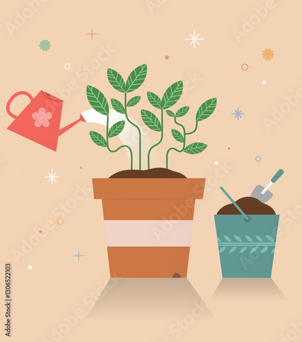 Arbor Day illustration with growing tree with watering can and pot shovel