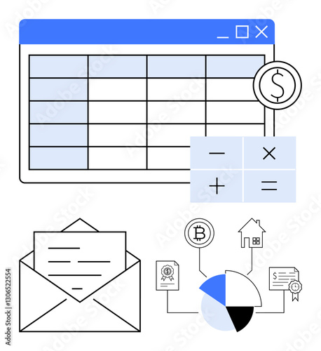 Spreadsheet window with finance icons, calculator interface, letter envelope, and pie chart symbolizing data analysis. Ideal for budgeting, accounting, finance, economics, investments planning