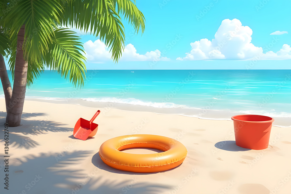 Brightly colored water rings placed on the sandy beach by the sea Brightly colored water rings placed on the sandy beach by the sea
