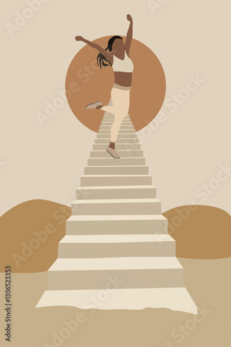 Vector illustration of woman walking up the stairs to the top of the pyramid shaped stairs to victory, to the sun, moon or star among hills in retro style, women power, achievement