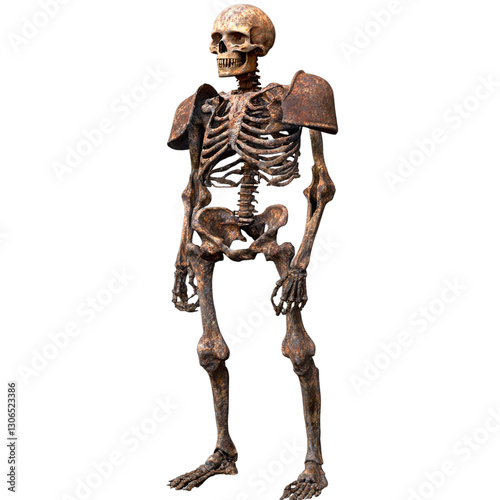 Rusty and cursed skeletal remains of a knight, forgotten by time, isolated on transparent background.