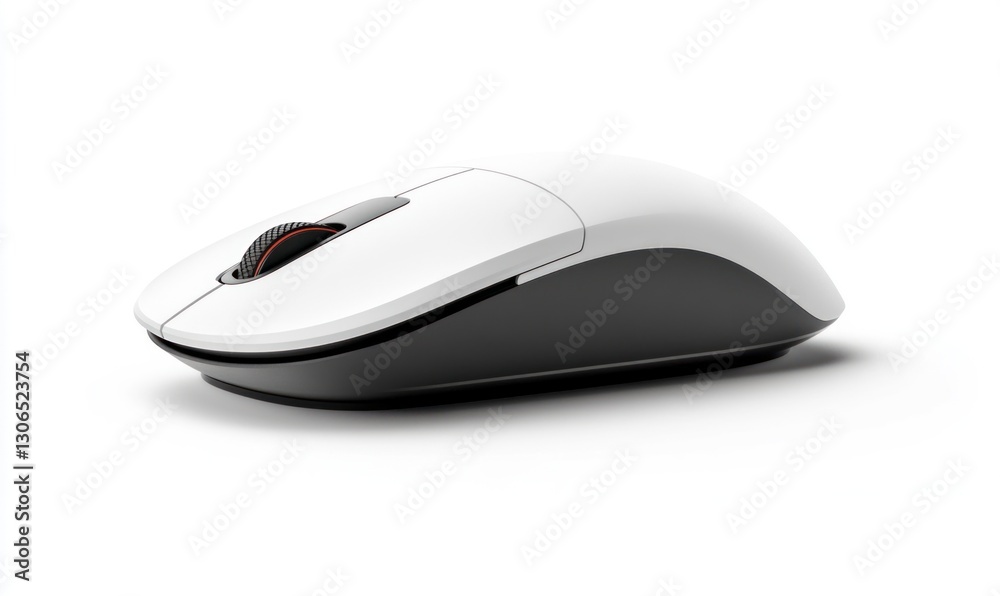 White and grey wireless computer mouse, angled view. White and grey wireless computer mouse, angled view.