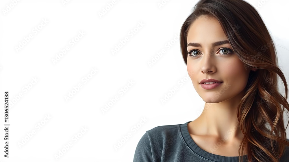 Beautiful brunette woman with a natural beauty look, featured in a blob-shaped badge sticker portrait, woman, brunette Beautiful brunette woman with a natural beauty look, featured in a blob-shaped badge sticker portrait, woman, brunette