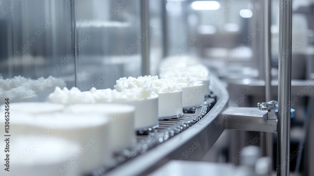 Modern production line with white containers on conveyor in a manufacturing facility. Modern production line with white containers on conveyor in a manufacturing facility.