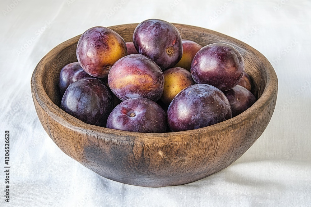 Fototapeta premium A rustic wooden bowl brimming with a bounty of ripe, dark purple plums.